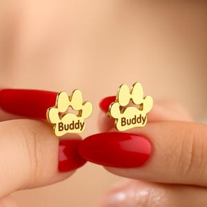 14K Gold Dog Paw Print Name Earrings, Pet Lovers Jewelry, Pet Paw Earrings, Pet Dangle Letter Earrings, Pet Memorial Gift, Mom Name Earrings