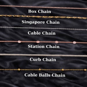 14K benutzerdefinierte Kettenoptionen für Halsketten, Gold- und Silberkettentypen, Box, Kabel, Station, Bordstein, Singapur, Kugelkettenstil-Referenztabelle