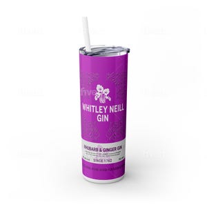 May include: A purple stainless steel tumbler with a white straw. The tumbler has a white label with the text "Whitley Neill Gin" and "Rhubarb & Ginger Gin" printed on it. The label also includes the text "Since 1762".