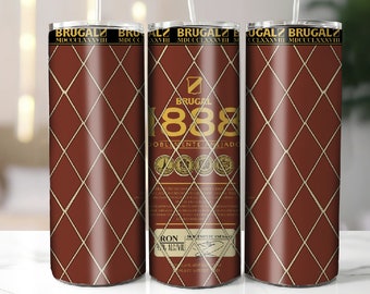 May include: A stainless steel tumbler with a brown and gold design. The tumbler features the text "BRUGAL 1888 DOBLEMENTE AÑEJO" and a gold logo. The tumbler has a diamond pattern.