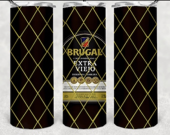 May include: A black and gold tumbler with a design of a diamond pattern. The tumbler features a label with the text "BRUGAL - REP. DOMINICANA - EXTRA VIEJO - RESERVA FAMILIRA" and other text in Spanish. The tumbler is 750 ml and 40% alcohol.