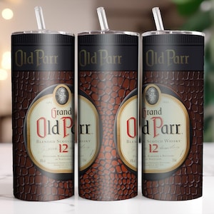 May include: Three stainless steel tumblers with a brown leather-like design and a gold label with the text "Grand Old Parr Blended Scotch Whisky 12 Years" printed on it.