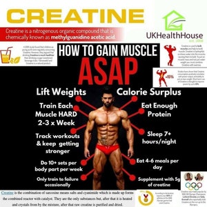 May include: A red and white infographic titled "How to Gain Muscle ASAP" with a muscular man in the center. The infographic includes tips for gaining muscle, such as lifting weights, eating a calorie surplus, and getting enough sleep. The infographic also mentions creatine, a supplement that can help build muscle.