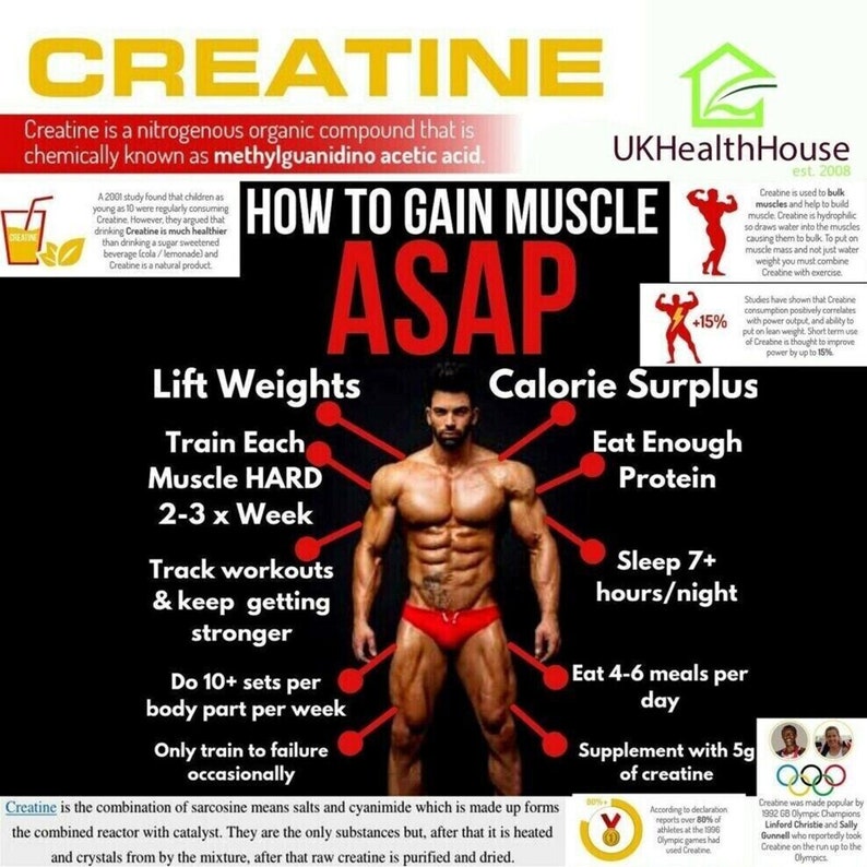 May include: A red and white infographic titled "How to Gain Muscle ASAP" with a muscular man in the center. The infographic includes tips for gaining muscle, such as lifting weights, eating a calorie surplus, and getting enough sleep. The infographic also mentions creatine, a supplement that can help build muscle.