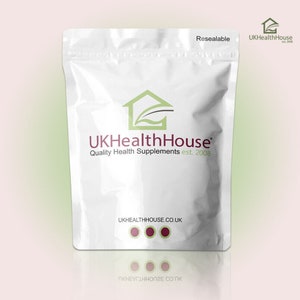 May include: White resealable pouch with the text "UKHealthHouse Quality Health Supplements est. 2008". The logo features a green house and leaf design. The website address UKHEALTHHOUSE.CO.UK is printed at the bottom of the pouch.
