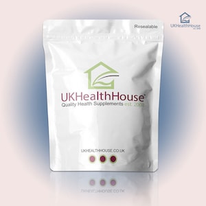 May include: A white resealable pouch with a green house logo and the text "UKHealthHouse Quality Health Supplements est. 2008" printed on the front. The pouch also has the text "UKHEALTHHOUSE.CO.UK" printed on the front.