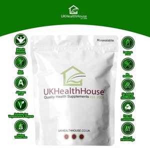 May include: White resealable pouch with a green logo that says "UKHealthHouse" and "Quality Health Supplements est. 2008". The pouch has a variety of green icons with text indicating that the product is lactose free, non-GMO, allergen free, suitable for vegetarians and vegans, gluten wheat free, no added sugars and sweeteners, free of added colorants, and free of flavorings.