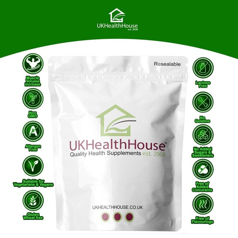 May include: White resealable pouch with a green logo that says "UKHealthHouse" and "Quality Health Supplements est. 2008". The pouch has a variety of green icons with text indicating that the product is lactose free, non-GMO, allergen free, suitable for vegetarians and vegans, gluten wheat free, no added sugars and sweeteners, free of added colorants, and free of flavorings.