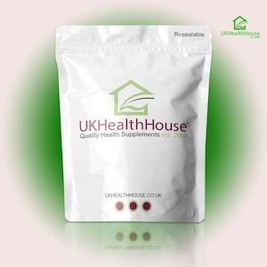 May include: A white resealable pouch with a green house logo and the text "UKHealthHouse Quality Health Supplements est. 2008" and "UKHEALTHHOUSE.CO.UK".