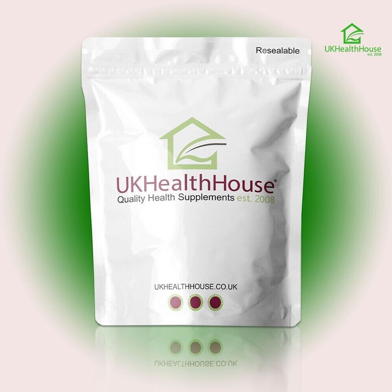 May include: A white resealable pouch with a green house logo and the text "UKHealthHouse Quality Health Supplements est. 2008" and "UKHEALTHHOUSE.CO.UK".