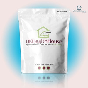 May include: White resealable pouch with a green house logo and the text "UKHealthHouse Quality Health Supplements est. 2008" and the website "UKHEALTHHOUSE.CO.UK".