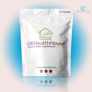 May include: A white resealable pouch with a green house logo and the text "UKHealthHouse Quality Health Supplements est. 2008" printed on it. The pouch also has the text "UKHEALTHHOUSE.CO.UK" printed on it.