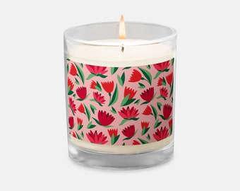 Handcrafted Scarlet Blossom Glass Jar Candle | Eco-Friendly Soy Blend