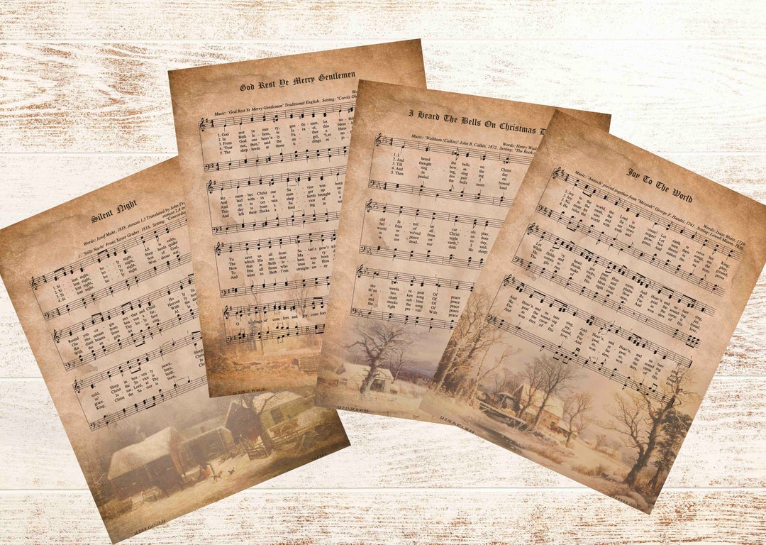 Christmas Carols, Vintage Set of 4, Sheet Music Hymn, Aged Antique ...