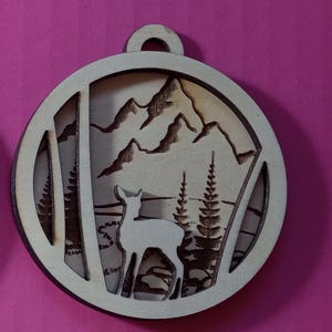 Personalizable Laser Cut Wood Christmas Ornament, Deer Mountain Scene (Digital Download)
