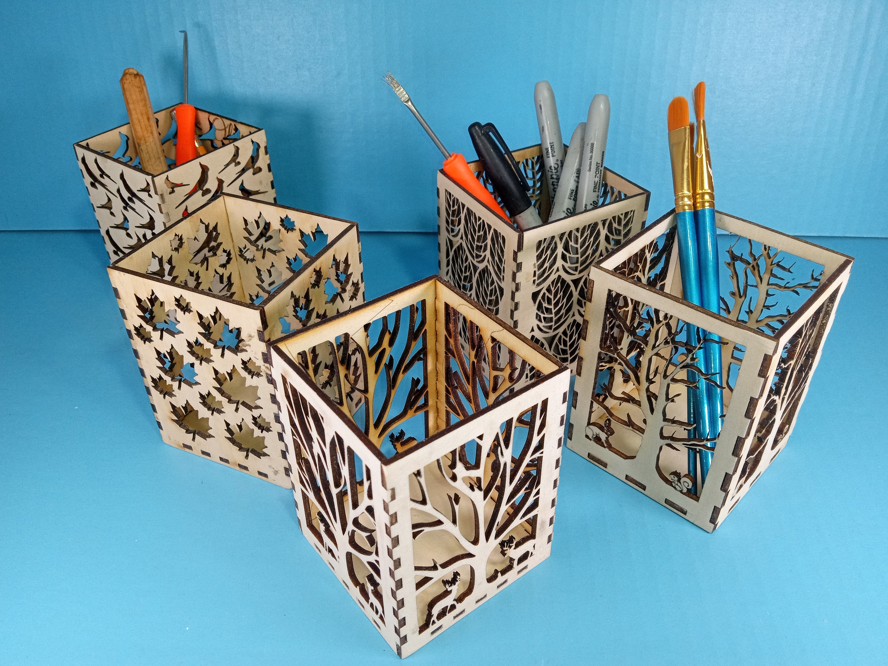 Digital download, 5 Pen holder designs svg, lbrn2,  craft organizer, storage container, arts and craft storage, Office & Desk Storage