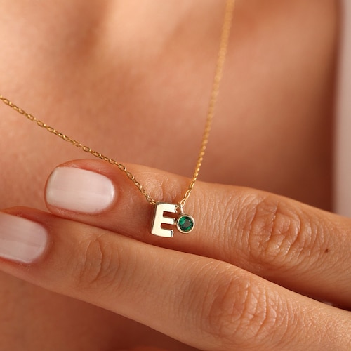 14k Gold Initial Necklace Letter Necklace Gold Birthstone Etsy