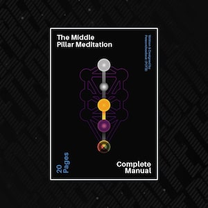 Puede incluir: Una ilustración en blanco y negro de un árbol de la vida con un círculo morado, amarillo y blanco en cada rama. El texto "The Middle Pillar Meditation" está en la parte superior de la imagen. El texto "20 Pages Complete Manual" está en la parte inferior de la imagen.