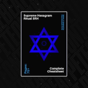 Puede incluir: Un diseño gráfico negro y azul de una estrella de seis puntas, o hexagrama, con el texto "Supreme Hexagram Ritual SRH" y "Páginas: 75+ Complete Cheatsheet" sobre un fondo negro.