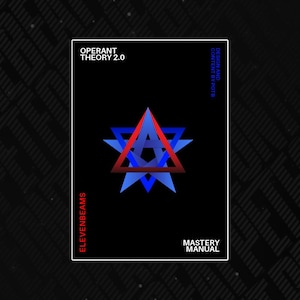Puede incluir: Un gráfico cuadrado negro con un diseño geométrico rojo y azul. El texto "OPERANT THEORY 2.0" está en la parte superior, con "ELEVENBEAMS" a la izquierda y "MASTERY MANUAL" en la parte inferior. El diseño es un triángulo rojo sobre una estrella azul.