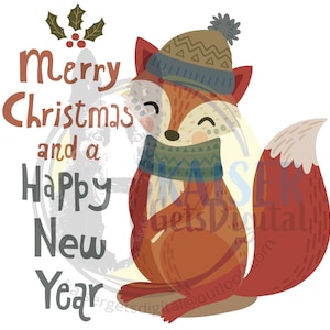 Animale del bosco SVG, Volpe del bosco, Clipart di Natale, Clipart di felice anno nuovo, Grafica invernale, Animale della foresta con cappello, Volpe di buon Natale