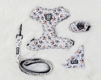 Ensemble harnais réglable pour chien imprimé Frenchie, collier, laisse