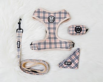Plaid Dog Harness Set: Adjustable, with Leash & Bandana