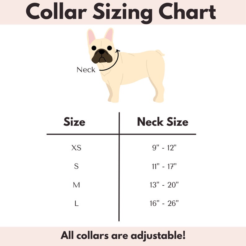 Peut inclure: Un tableau indiquant les tailles de collier pour chiens, avec une image de dessin anim&eacute; d'un bouledogue fran&ccedil;ais. Le tableau r&eacute;pertorie les tailles XS, S, M et L, avec les tailles de cou correspondantes en pouces.