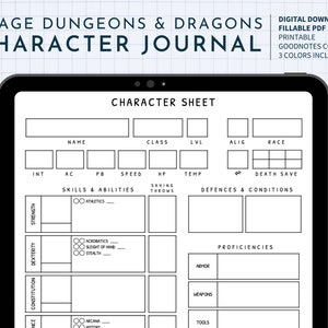 13 Page Digital D&D Character Journal with complete Character Sheet for Dungeons and Dragons (Fillable PDF / GoodNotes / Printable)