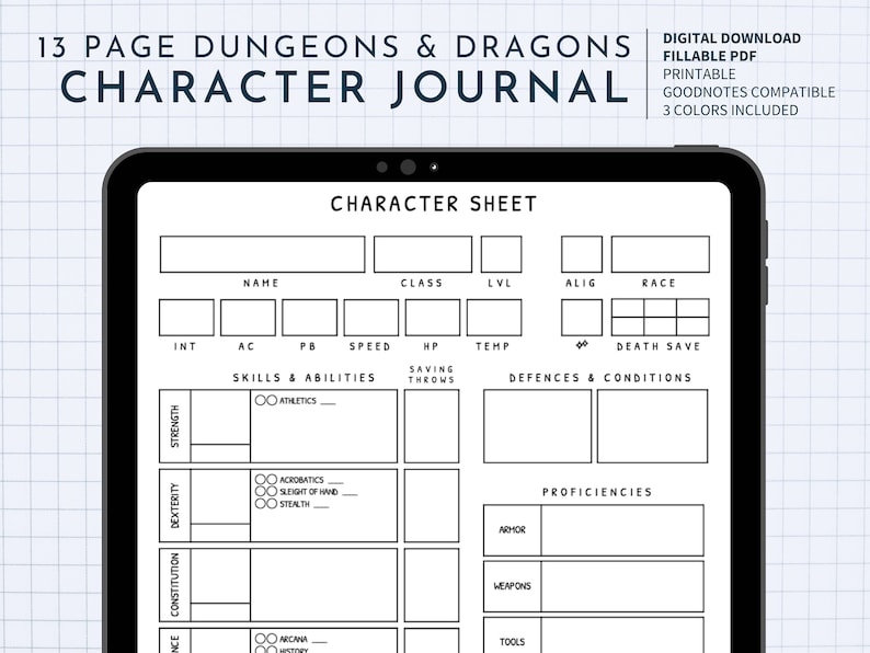 13 Page Digital D&amp;D Character Journal With Complete Character Sheet for ...