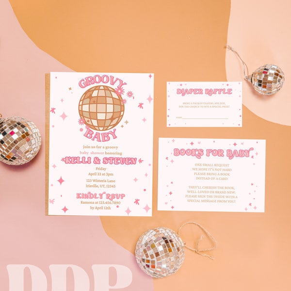 Groovy Baby Disco Girl Shower Invitation Bundle | Let's Disco Baby Shower Invites  | Retro 70s Disco Ball Baby Shower