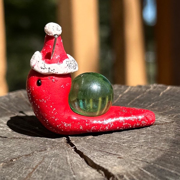 Red Santa Hat Polymer Clay Marble Snail for Fairy Gardens or Miniature Decor