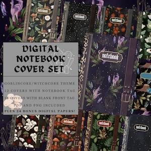 May include: A digital notebook cover set with 12 covers featuring a goblincore/witchcore theme. The covers have a dark background with illustrations of mushrooms, flowers, crystals, and other magical elements. The text "notebook" is printed on each cover. The set includes 12 covers with a notebook tag and 12 covers with a blank front tag. PDF and PNG files are included, plus 24 bonus digital papers.