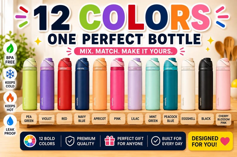 May include: Twelve colorful insulated water bottles in a row. The bottles are in shades of Pea Green, Violet, Red, Navy Blue, Apricot, Pink, Lilac, Mint Green, Peacock Blue, Eggshell, Black, Cherry Blossom Pink, and White. Each bottle has a contrasting colored lid with a flip-top opening. The bottles are on a wooden surface.