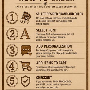How to order: 
1) Select desired brand and color. On most listing, there are multiple brands and colors to select from, pleas read listing details. 
2) Select font. There are font options on some but not all listings, for custom designs, please message us. 
3) Add personalization. For image/logos or custom requests, please message the Etsy seller and include your order number. 
4) Add items to cart. You may put all personalization into an item and change the quantity in cart. 
5) Checkout