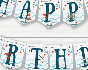 Striscione di compleanno nautico: decorazioni per feste a tema marinaio (download digitale)