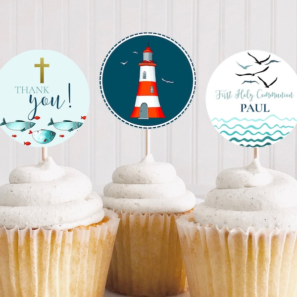 Nautical First Communion cupcake toppers, sailboat cupcake labels personalized, Nautical First Communion decorations for boy
