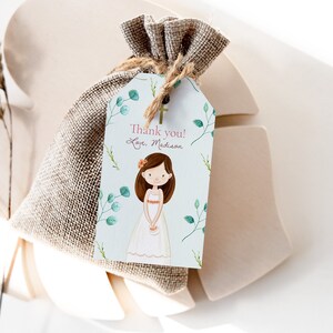 First Communion favor tags with turquoise flowers, blue floral thank you labels for girls, personalized guest gift tag template