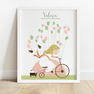 Pink First Communion alternative guest book, Communion Signature fingerprint tree Printable, Girl Holy Communion decoration