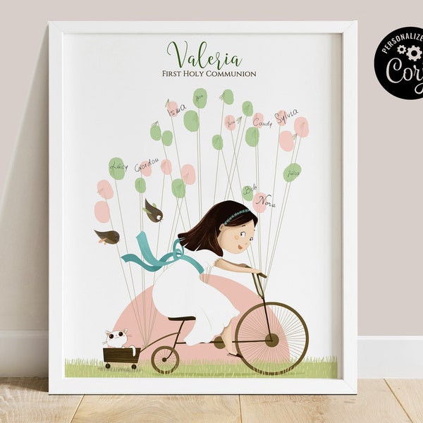 Editable girl First Communion Fingerprint tree, flowers and bike printable alternative Guestbook, sign in guest book for girl's party.