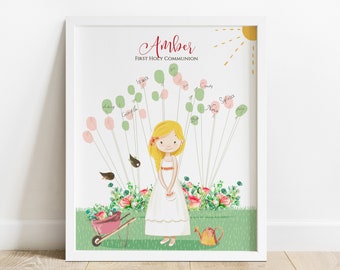 May include: A white frame with a green, pink, and yellow illustration of a girl with blonde hair and a white dress. The girl is surrounded by balloons with names written on them. The text "Amber First Holy Communion" is at the top of the frame.