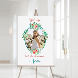 Wildflower First Communion Welcome sign with photo, Floral Communion decoration sign personalized, First Communion welcome poster for girl