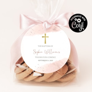 Etiqueta redonda de batismo em aquarela rosa para impressão, modelo de etiquetas de agradecimento de batismo rosa, etiquetas de lembrancinhas religiosas douradas e rosa editáveis. PWB