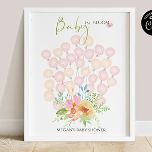 Libro de invitados alternativo Bebé en flor, Huella digital floral imprimible para baby shower de niña, Póster de inicio de sesión para baby shower de niña