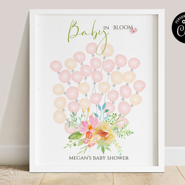 Baby in bloom alternative Guest book, Printable floral fingerprint for girl's baby shower, Girl's Baby Shower Sign in poster