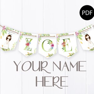 May include: A white banner with green leaves and flowers, featuring the letters "ZOE" in green with floral accents. The banner is strung with twine and has two smaller banners on either end with a girl in a white dress and the text "First Holy Communion". The text "YOUR NAME HERE" is below the banner.