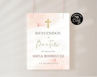 Pink Watercolor Baptism Welcome Sign: Spanish Bautizo Decor (Digital Download)