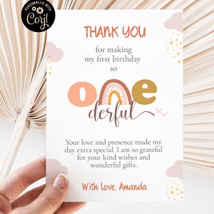 Modelo de cartão de agradecimento em arco-íris fofo, nota de primeiro aniversário Onederful para menina, nota de agradecimento de primeiro aniversário em arco-íris rosa BRFB