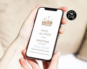 Noah’s Ark Baptism Save the Date, Editable Boy Christening template NAB
