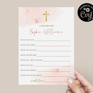 Plantilla de tarjeta de oración de bautismo de acuarela rosa, oraciones editables para tarjeta de bebé, deseos de bautizo editables, tarjeta de oración de bautismo de niña PWB